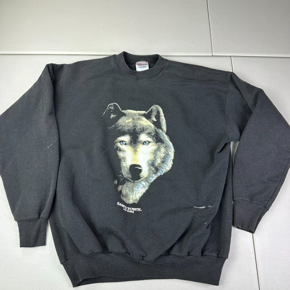 Vintage Sam's Town Las Vegas Wolf Black Sweater Men Size‎ Large L